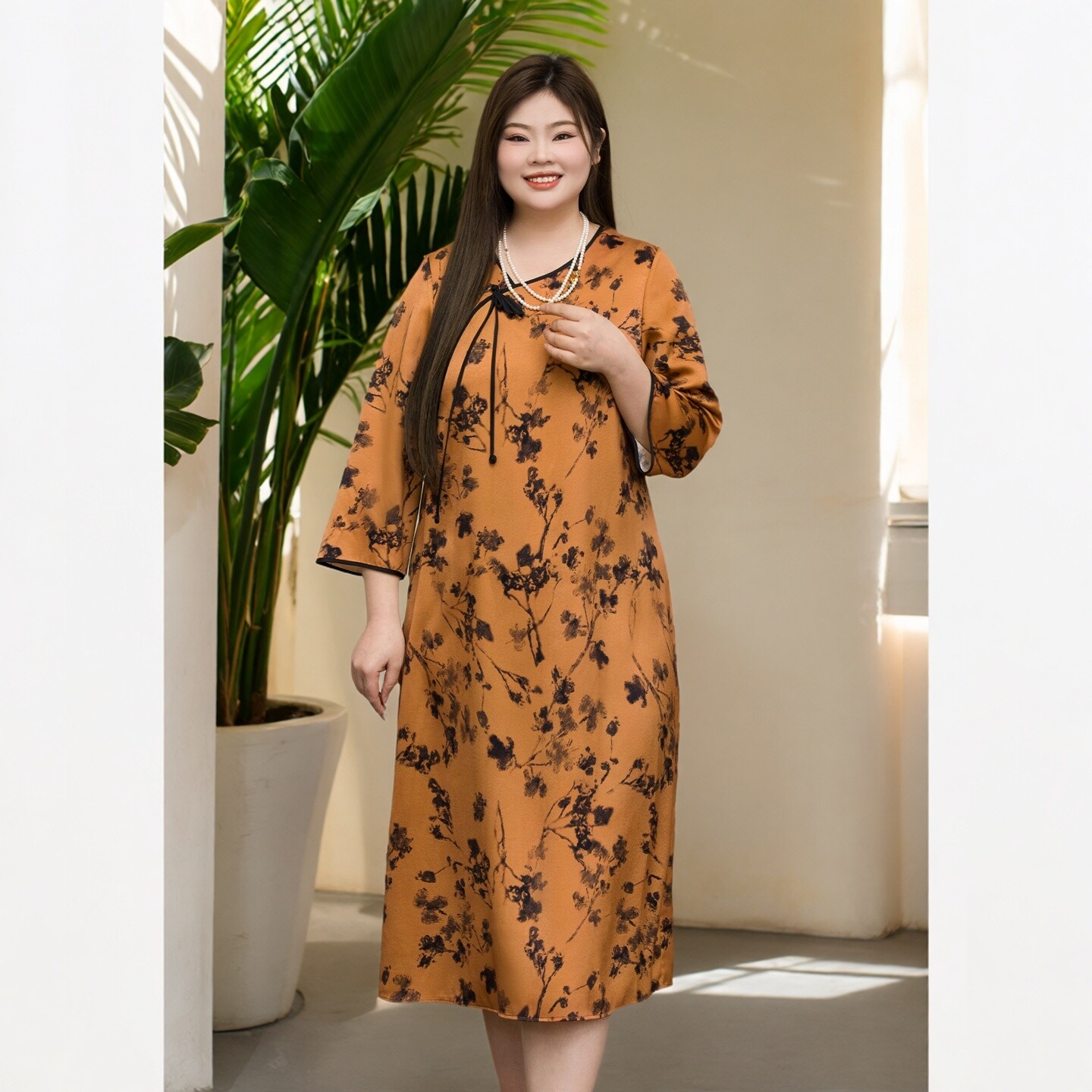 美丽客栈原创高端大码女装胖妹妹mm缎面丝滑印花七分袖连衣裙夏季