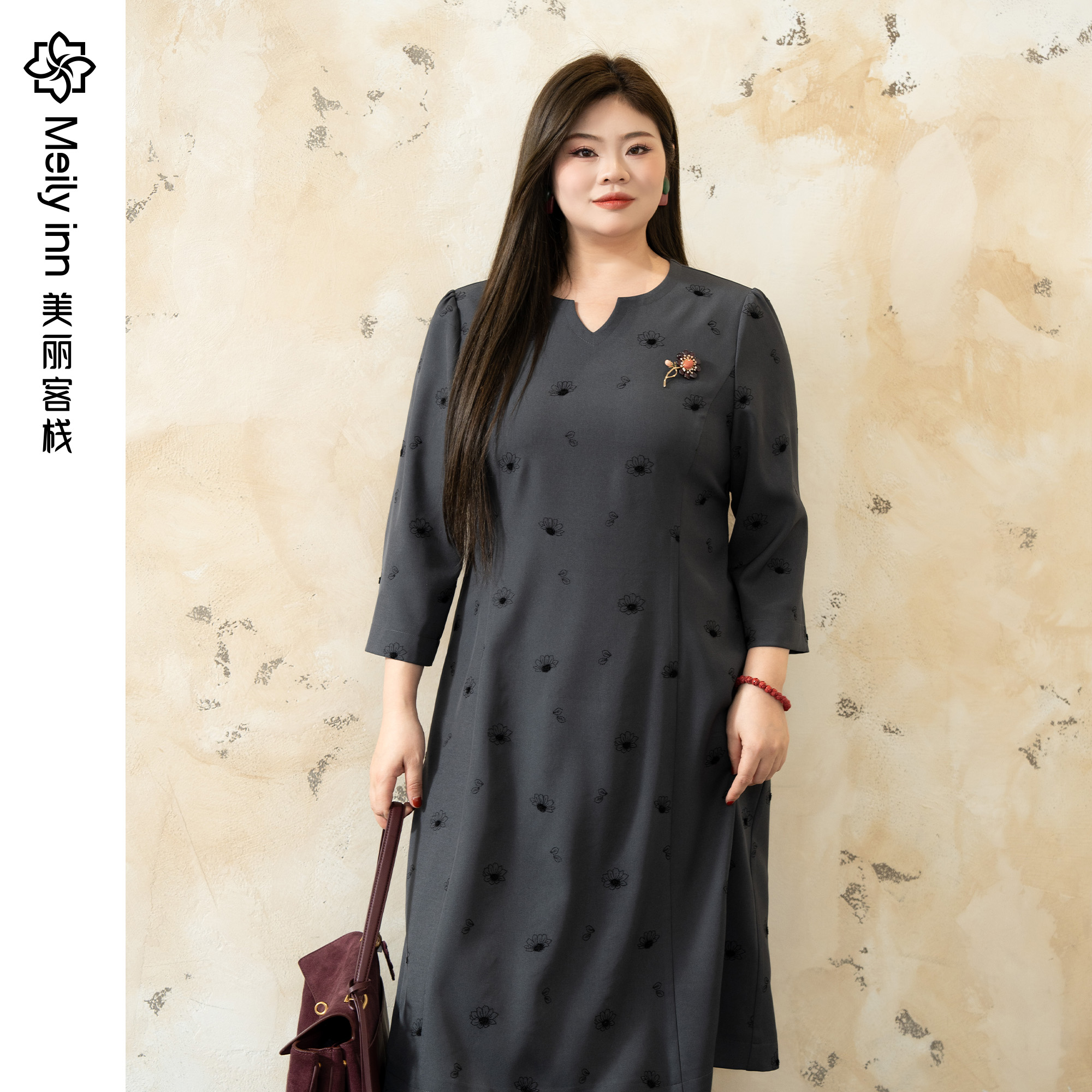 美麗客棧優雅七分袖A字裙連衣裙