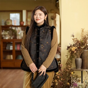 【宋锦工艺】美丽客栈拼接水貂毛新中式马甲女秋冬新款大码女装