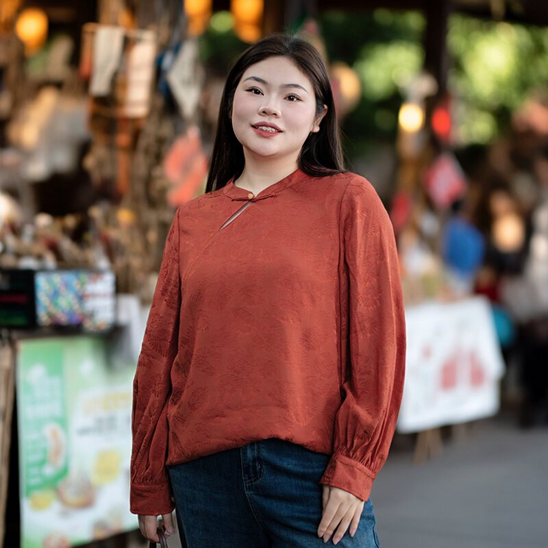 【不挑身型】美丽客栈柿意衬衫大码女胖mm春款新中式显白提花上衣