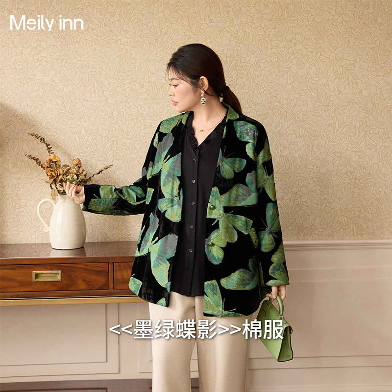 美丽客栈大码棉服女胖mm冬季显瘦不臃肿墨绿蝶影印花丝绒宽松外套