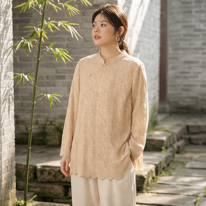 美丽客栈高端大码女装新中式蕾丝衬衫新款胖mm显瘦上衣打底衫国风