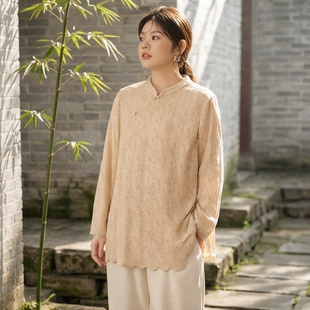 美丽客栈高端大码女装新中式蕾丝衬衫新款胖mm显瘦上衣打底衫国风