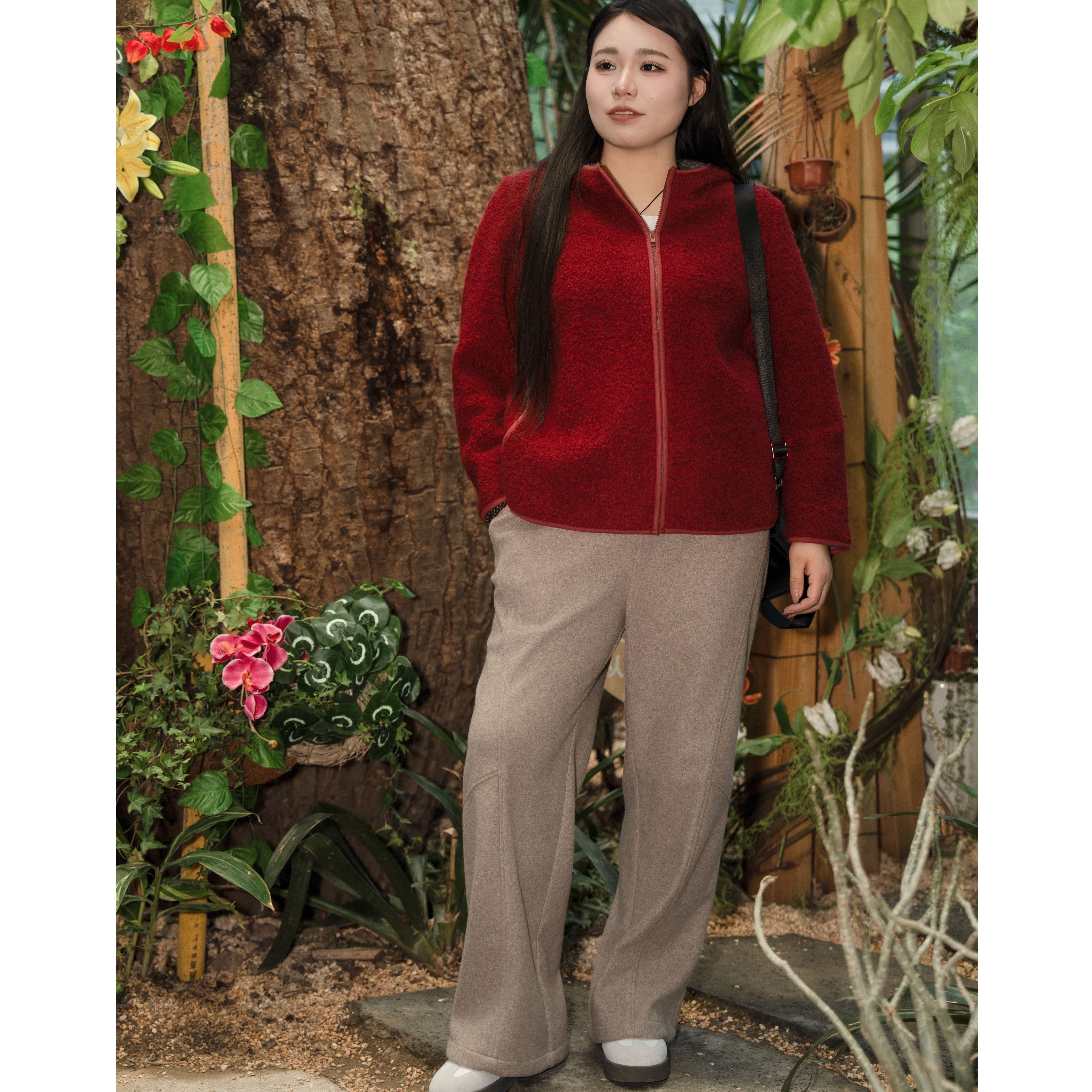 【朱红色绵羊毛外套】美丽客栈大码女装2025冬新款胖mm绵羊毛外套