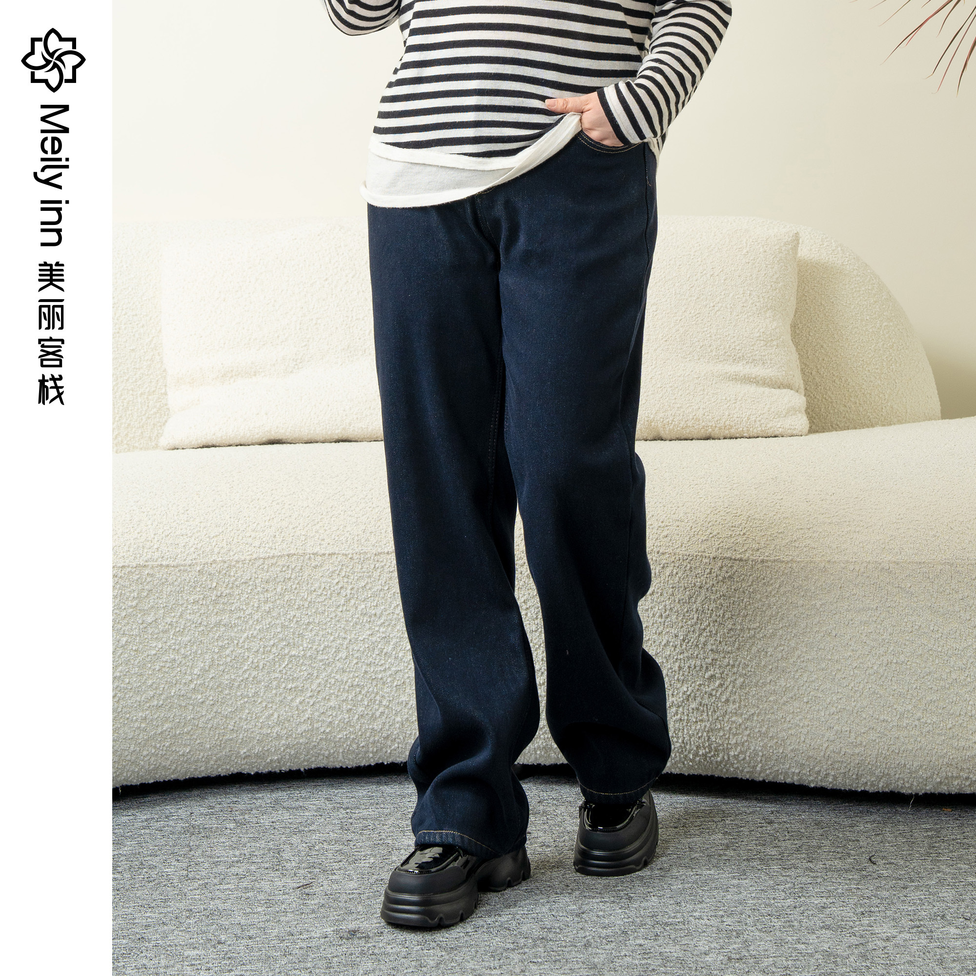 美丽客栈植绒加厚直筒水洗牛仔裤