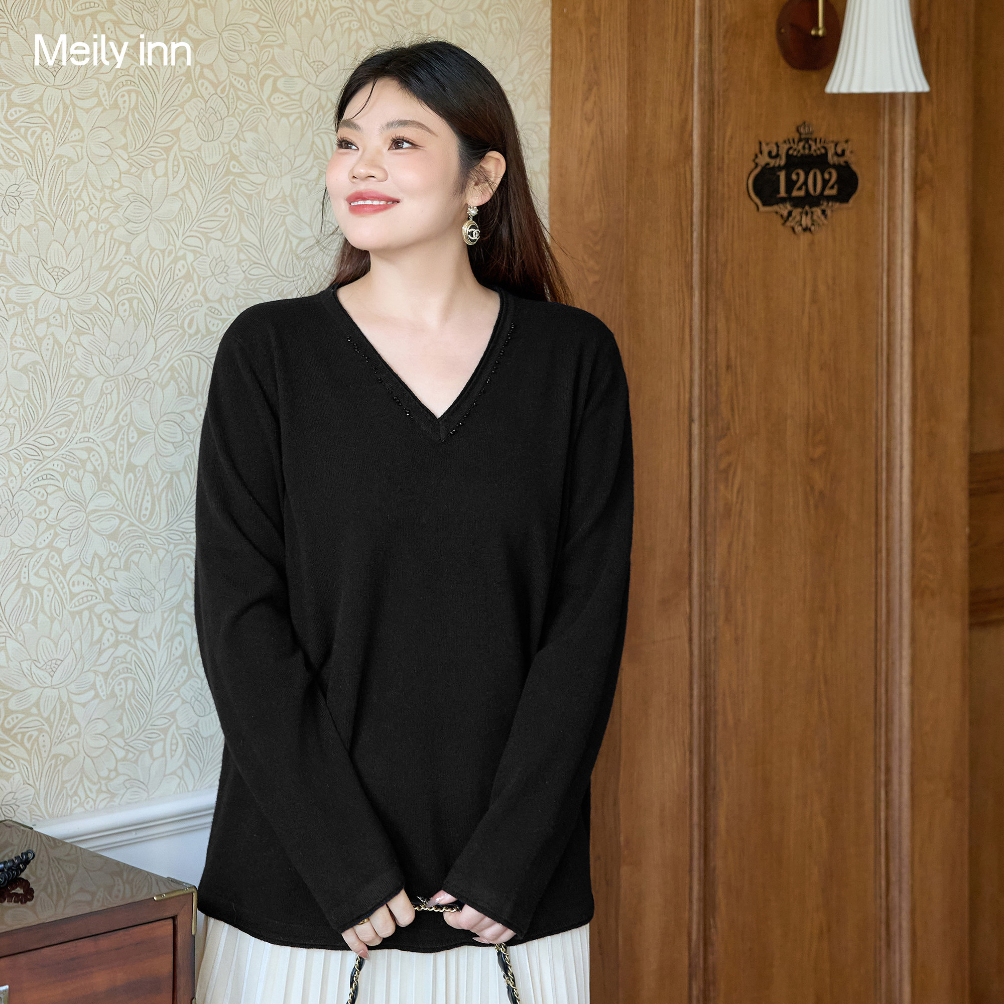 美丽客栈大码手工定珠羊毛针织衫