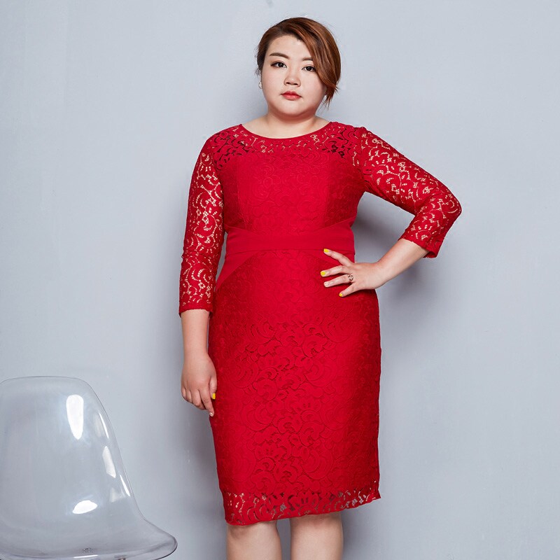 2022春夏新品200斤胖妹妹显瘦大码女装连衣裙 蕾丝镂空拼接潮裙子