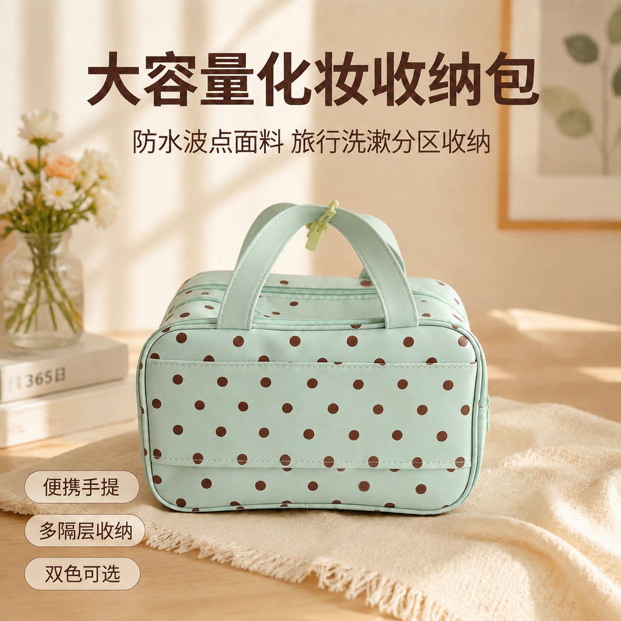 便携化妆包可爱波点收纳手提包图片