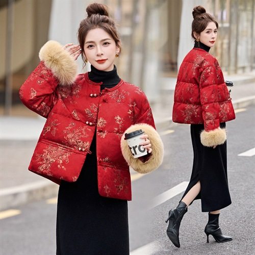 新中式短款羽绒服2025冬季新款女装过年服真狐狸毛红色羽绒外套,女装/女士精品,时尚套装,淘宝优惠券,粉丝福利购,淘宝优惠卷