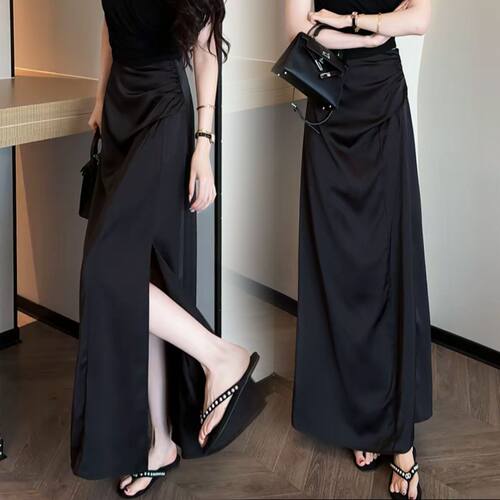 复古黑色半身裙女2026夏季薄款高腰a字显瘦后开叉气质包臀长裙子