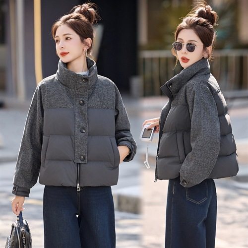 休闲风90白鸭绒羽绒外套女2025冬装时尚新款毛呢拼接短款羽绒服,女装/女士精品,马夹,淘宝优惠券,粉丝福利购,淘宝优惠卷