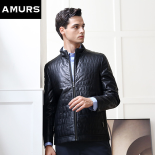 Amurs/爱缪斯山羊皮立领真皮皮衣中年男商务休闲棉衣夹克外套