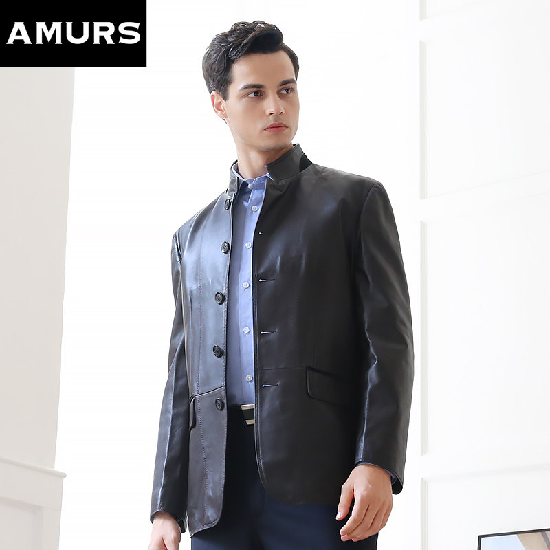 立领中年商务休闲夹克真皮皮衣