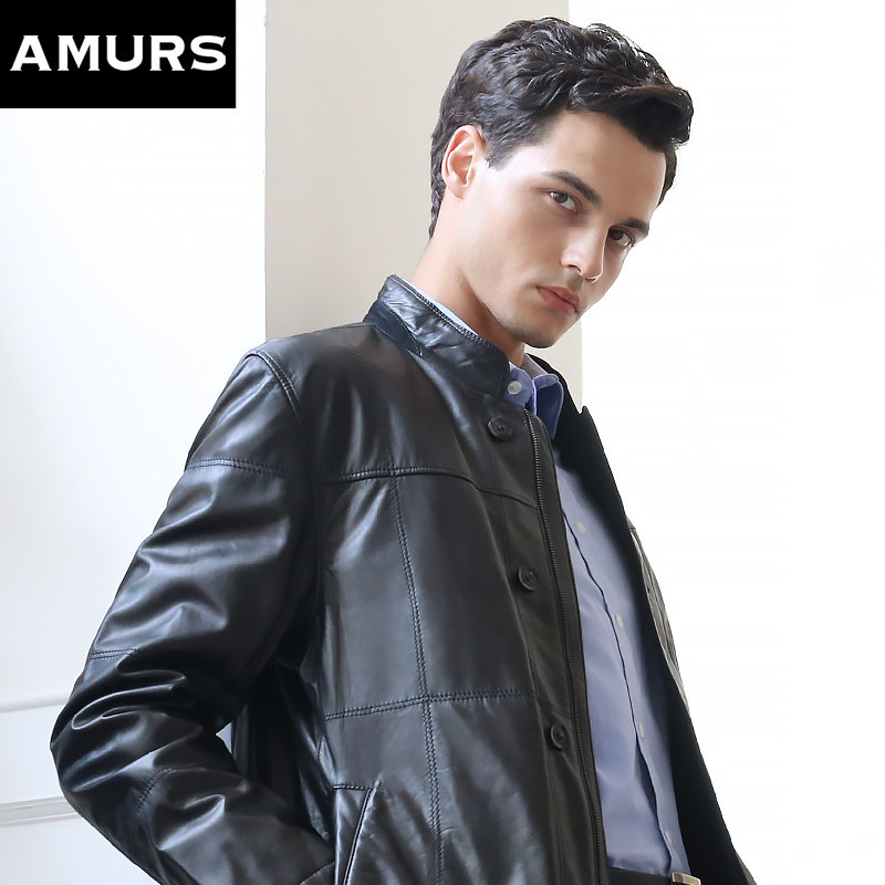 Amurs/爱缪斯小胎牛皮立领皮衣男纽扣款真皮棉衣茄克外套