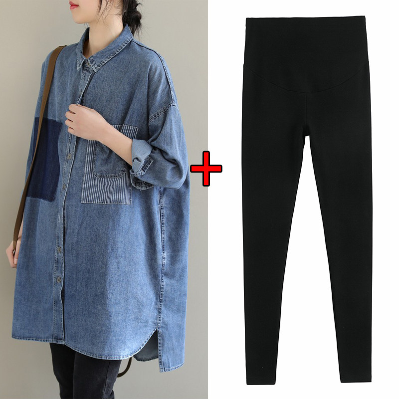 출산 데님 셔츠 봄과 가을 새로운 느슨한 대형 중간 길이 엉덩이 덮는 탑 임신 가을 셔츠 재킷