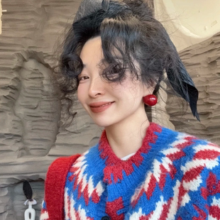 (初一)暗红大珠子新年耳饰复古百搭耳钉耳饰