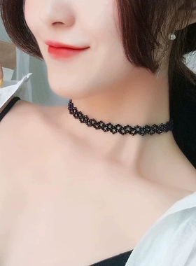 天然黑尖晶颈链锁骨链黑色choker不掉色复古短款气质百搭项链小众