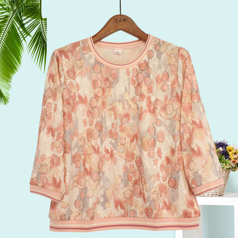 中老年026春秋季妈妈洋气时尚针织女装七分袖薄款中袖透气T恤上衣