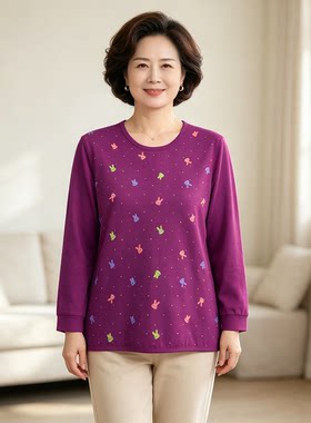 中年妈妈装秋装长袖2026新款宽松纯棉印花女士上衣薄款圆领t恤