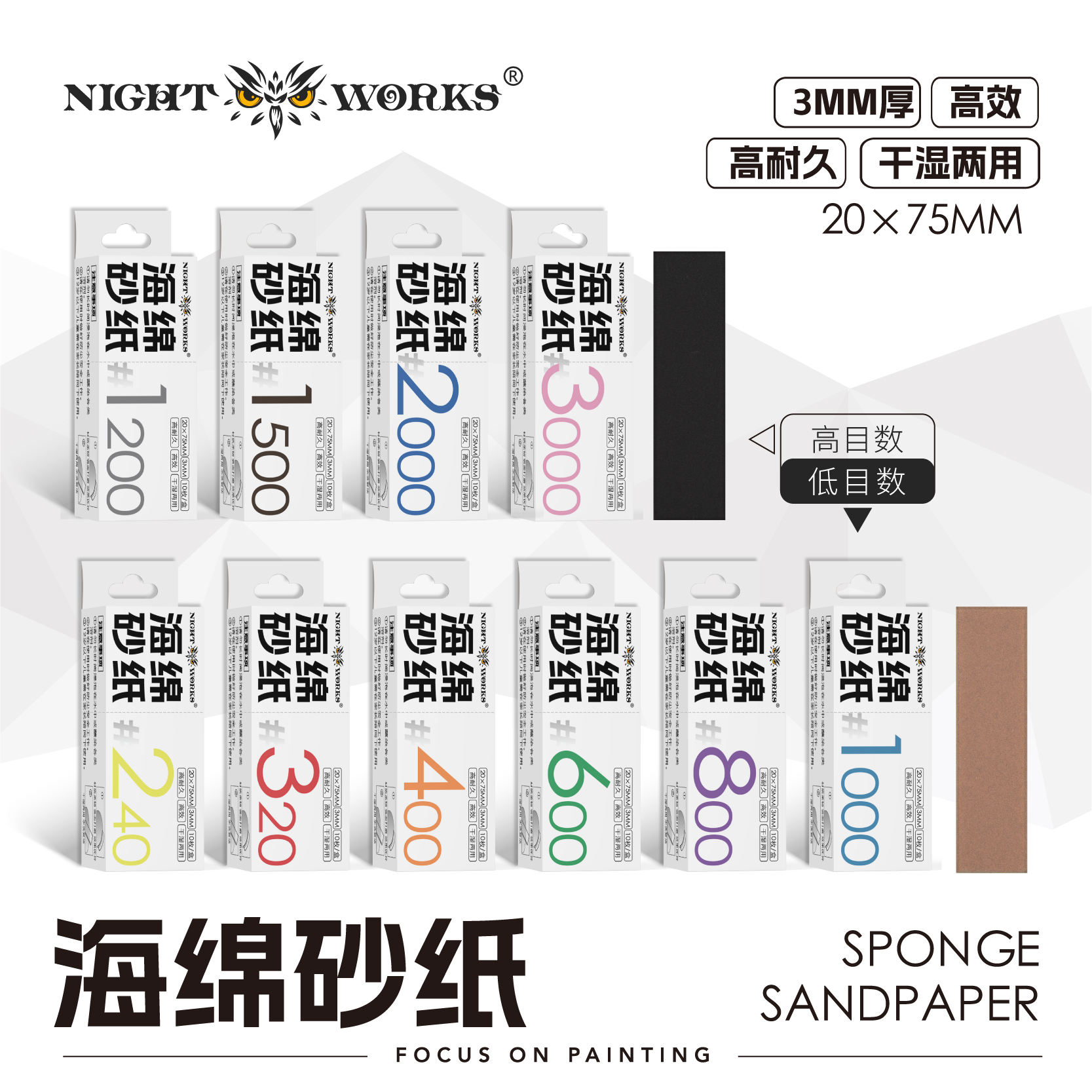 夜之工坊NightWorks3mm海绵砂纸240-3000干湿两用可水洗打磨