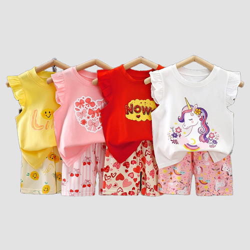 【2折专区】品牌店撤柜童装清仓女童短袖纯棉薄款A类飞袖短裤套装