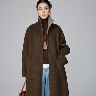 [本初]针织立领拼接双面羊绒大衣女秋冬极简风长款拉链羊毛呢外套