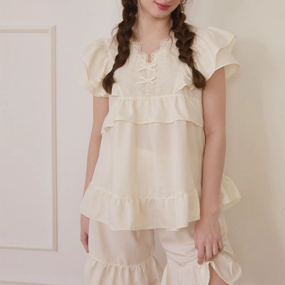 正品韩国lunaluz甜美轻薄透涤纶V领短袖睡裙睡衣套装女款夏季米色