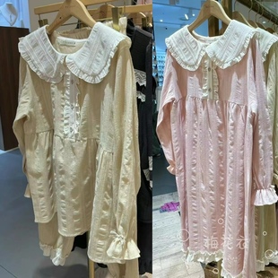 现货韩国balcony甜美纯色娃娃领棉混纺睡裙长袖裤睡衣套装女款秋