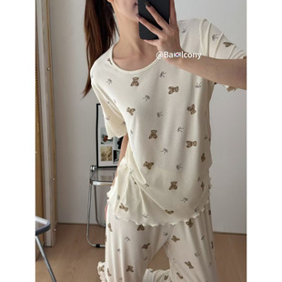 现货韩国balcony卡通蝴蝶结圆领短袖长裤睡衣家居服套装弹力女夏