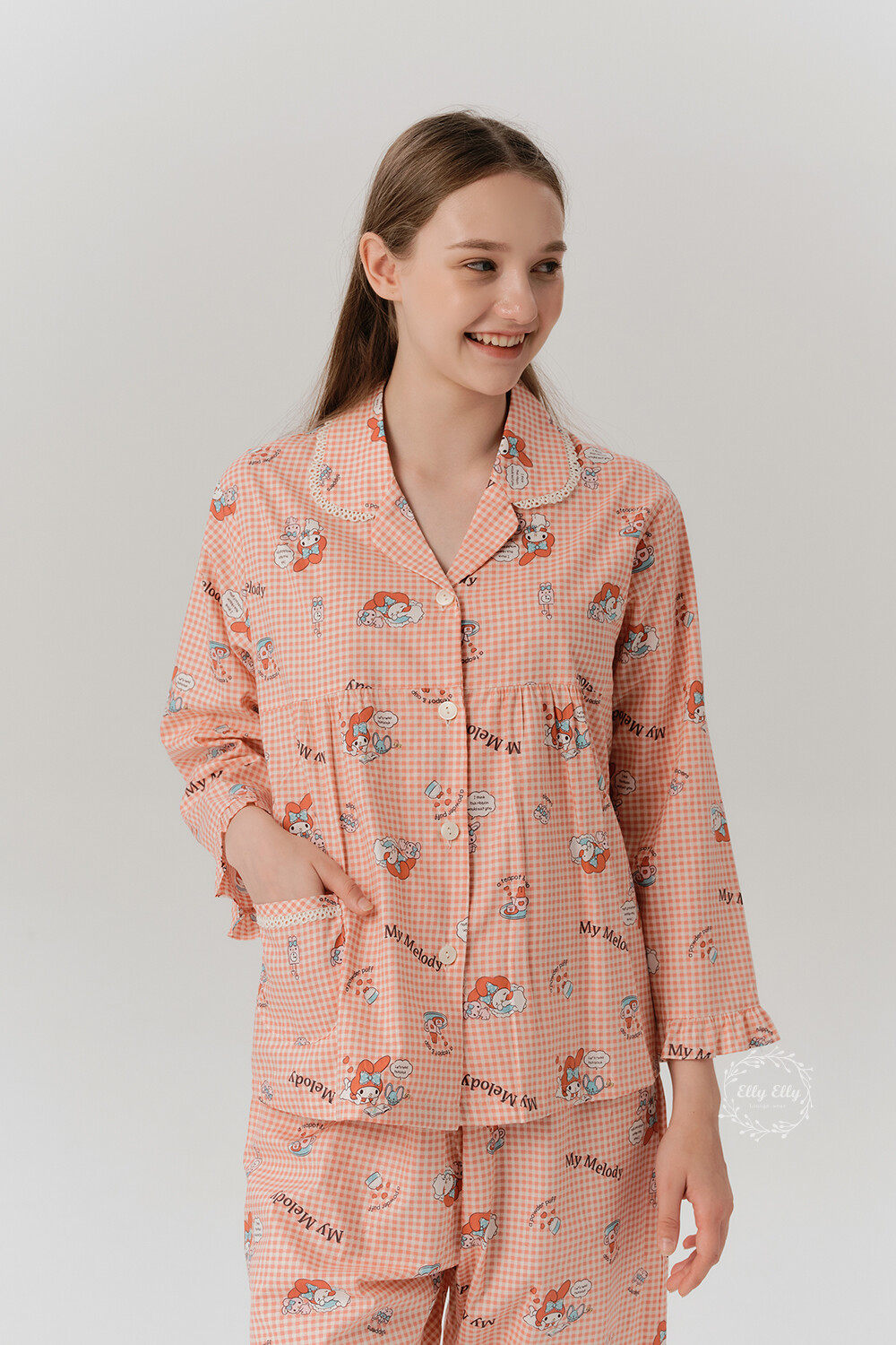 现货薄棉韩国卡通美乐蒂纯棉衬衫领前扣长袖裤睡衣套装春秋季女款