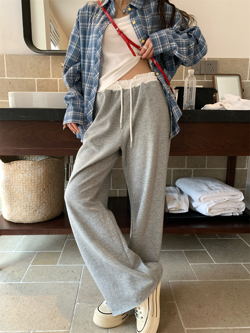 荒荒家拼色腰头休闲裤女潮