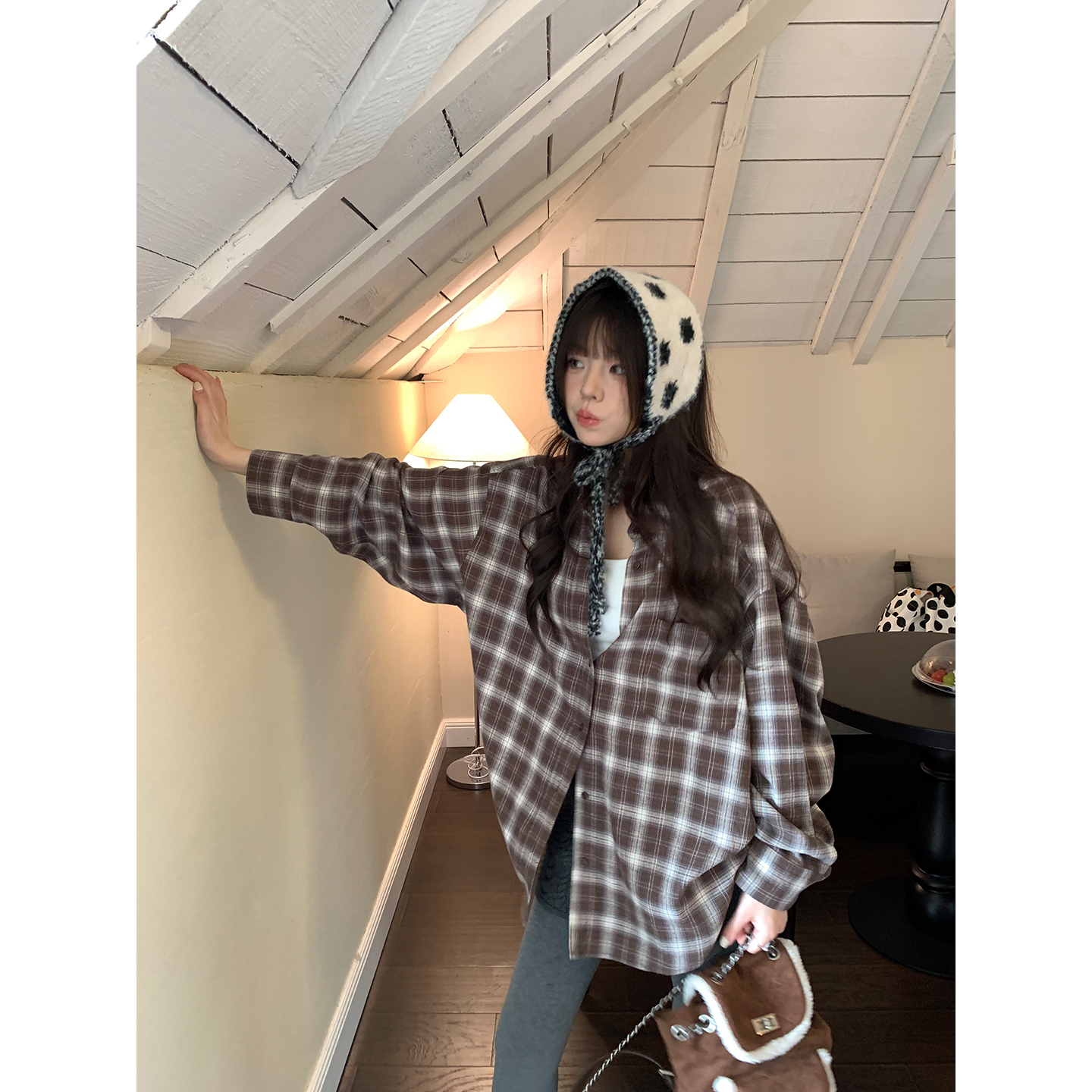 荒荒家复古木扣格子衬衫