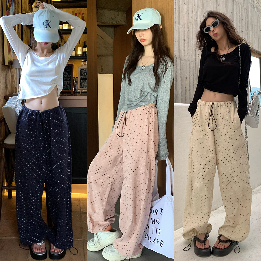 荒荒家 波点抽绳长裤2025夏季新款直筒高腰宽松阔腿束脚卫裤女潮
