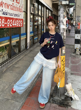 荒荒家随性蓝色牛仔裤2026夏季新款经典设计高腰直筒休闲阔腿裤女