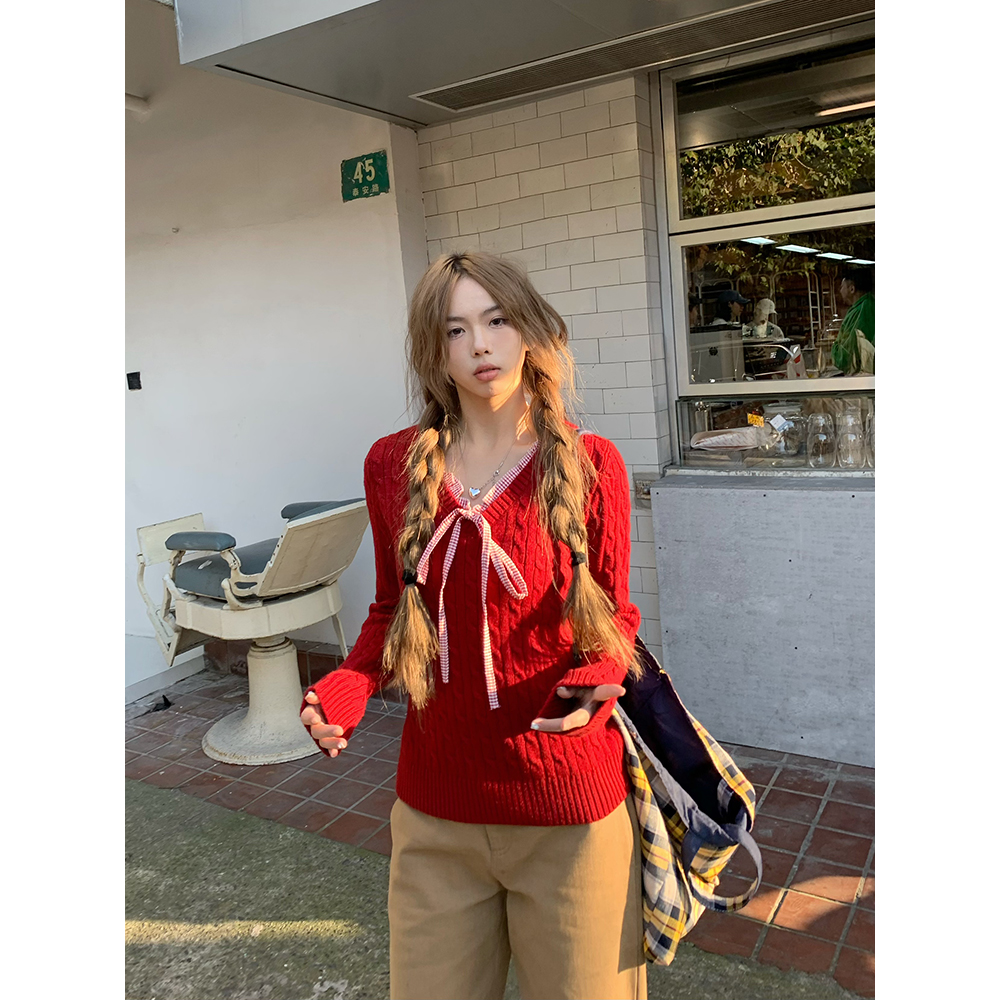 荒荒家格子花边领麻花毛衣