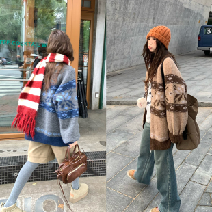 小众复古设计针织开衫 新款 女 费尔岛撞色毛衣外套2025秋季 荒荒家