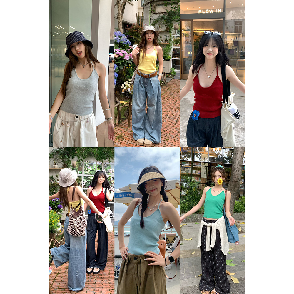 荒荒家 毛织挂脖吊带2025夏季新款修身纯欲设计多巴胺外穿背心女