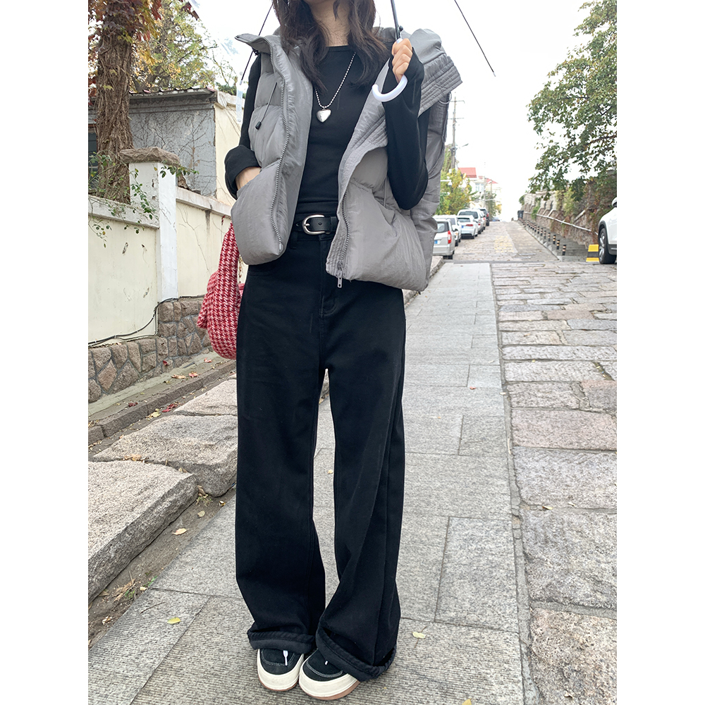 荒荒家 黑色复合绒牛仔裤2025冬季新款小众直筒高腰休闲阔腿裤女