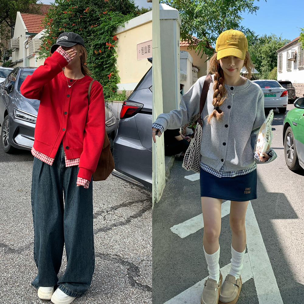 荒荒家 2025冬季新款假两件格子美式卫衣外套加绒小众棒球上衣女