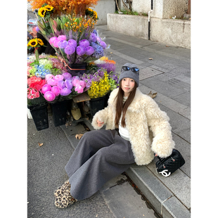 荒荒家高级富贵感翻领长毛外套2025冬季 保暖软糯绒茸仿皮草女 新款