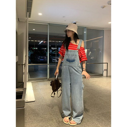 荒荒家 装饰带背带牛仔裤2025夏季新款减龄直筒阔腿吊带休闲裤女