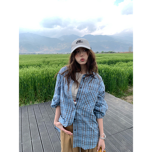 慵懒ins风宽松格纹防晒外套女 荒荒家 皱皱蓝格子衬衫 2025夏季 新款