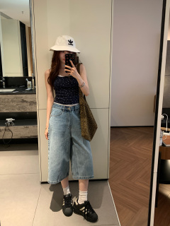 荒荒家美式七分蓝色牛仔裤2026新款高街小个子直筒休闲中短裤女夏