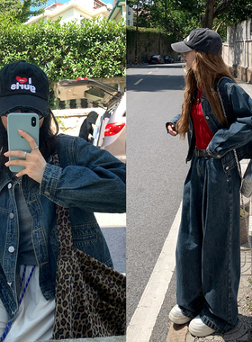 荒荒家 竹节纹中短款牛仔外套2025秋季新款bf风深蓝色衬衣外套女