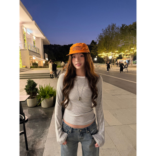 修身 荒荒家 新款 T2026春季 减龄针织打底内搭外穿女 撞色领小条长袖