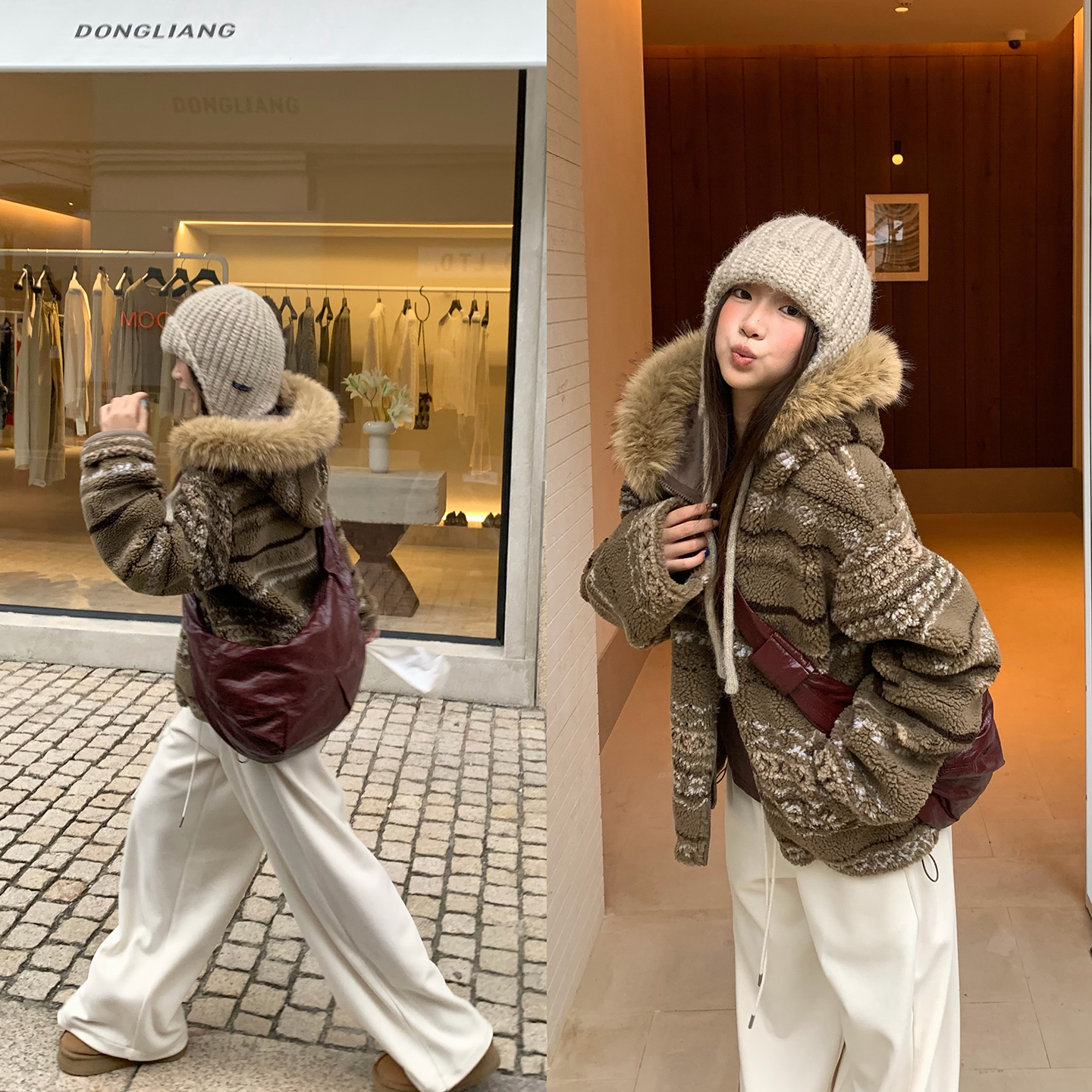 荒荒家费尔岛毛绒茸连帽外套