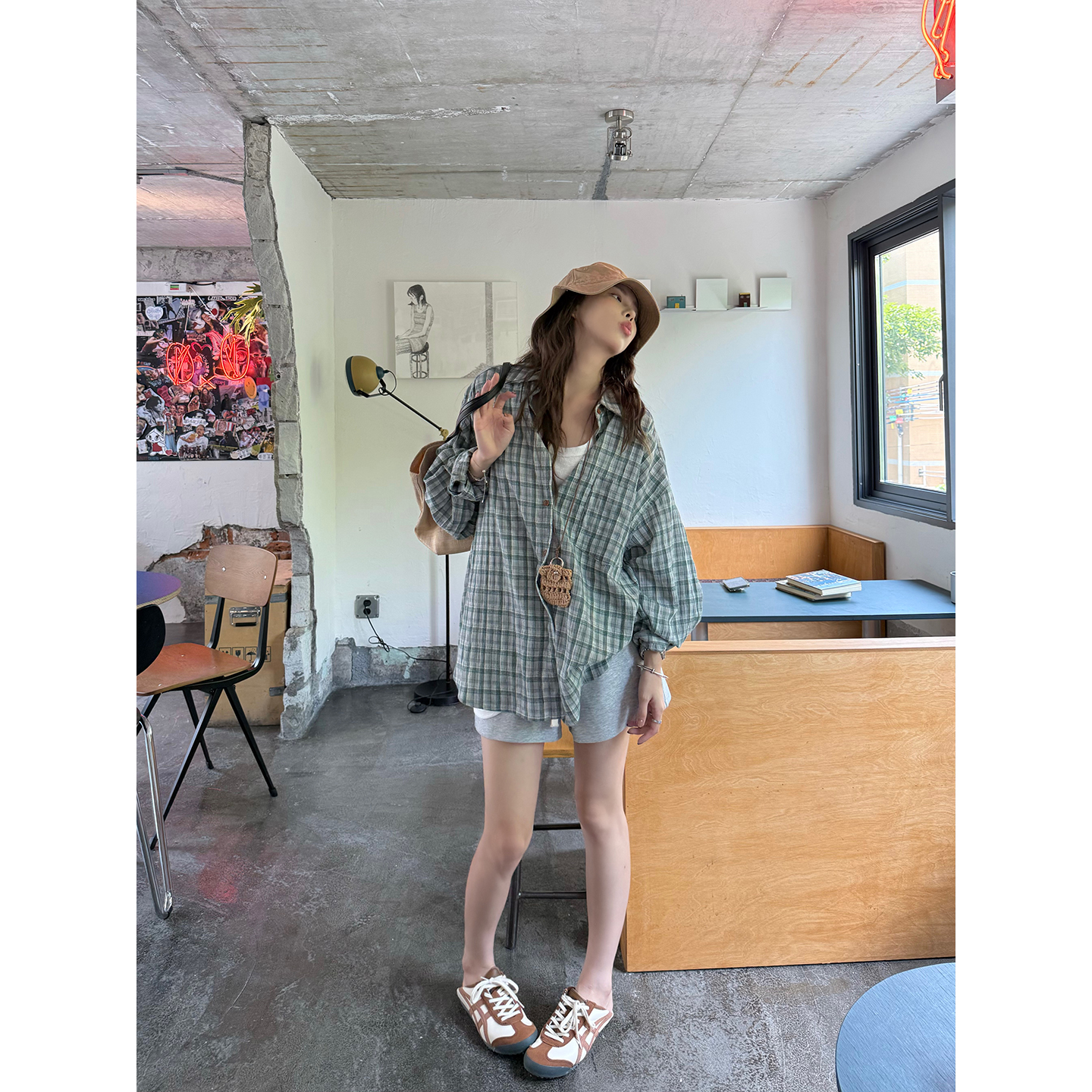 荒荒家绿色格子衬衫外套女