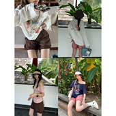 拼接木耳边短裤 2025夏季 新款 荒荒家 直筒抽绳阔腿休闲五分热裤 女