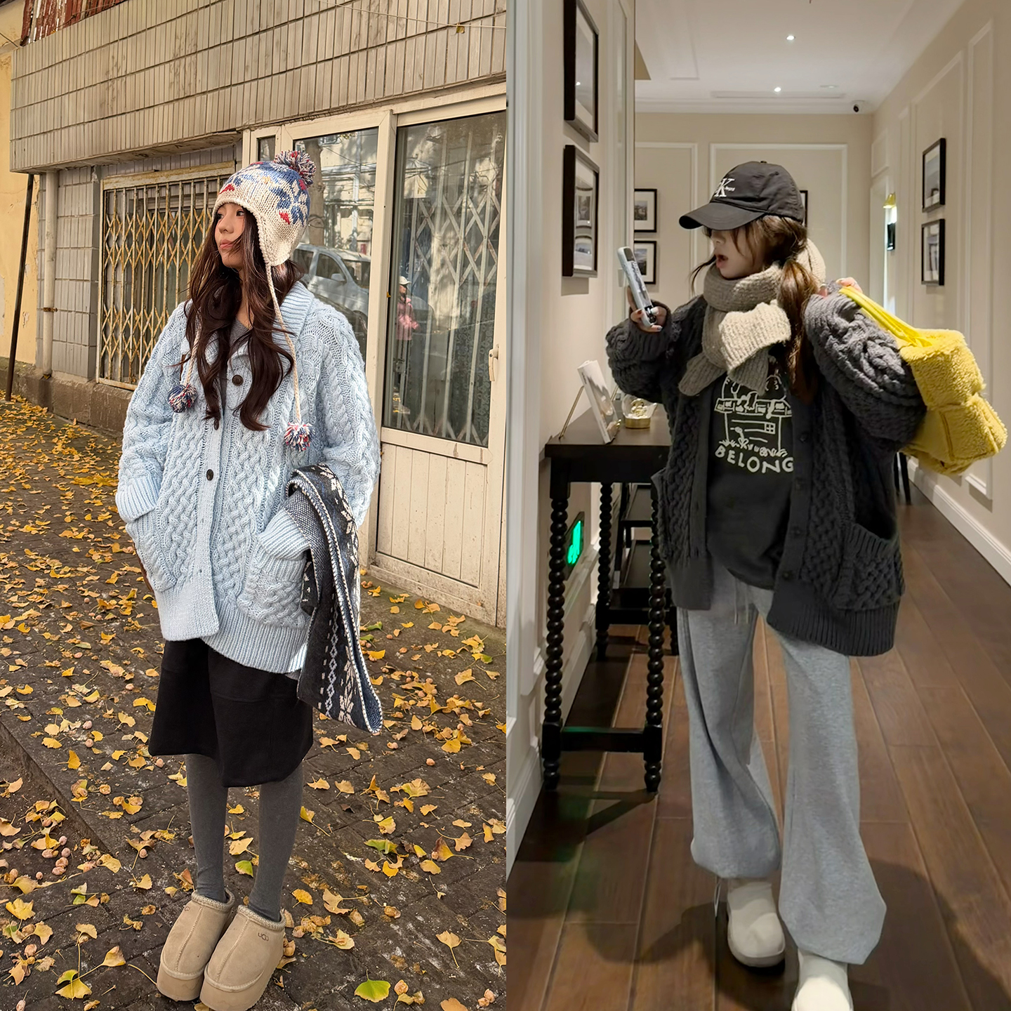 荒荒家 翻领麻花毛衣外套2025冬季新款韩版宽松慵懒风针织开衫女