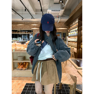 荒荒家 磨砂竖纹半身裙2025秋冬新款小众卡其色高腰抽绳a字短裙